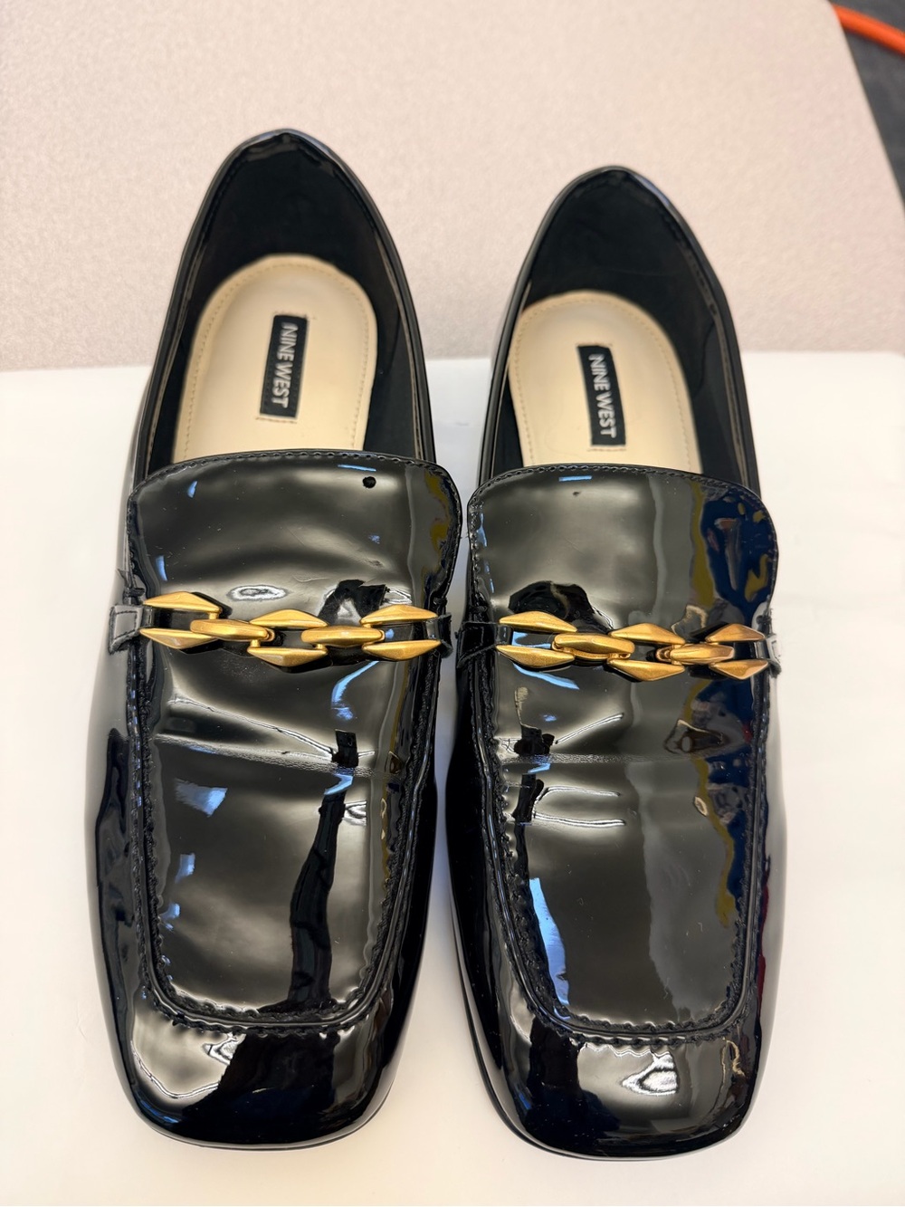 Nine West Black Patent Loafers with Gold Chain Accent